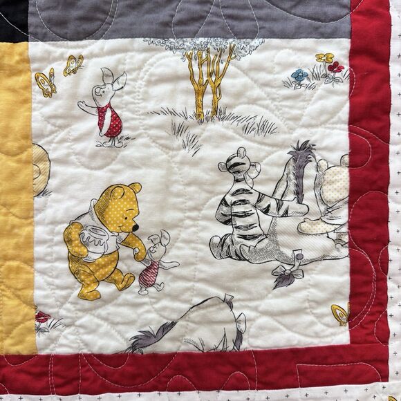 Handmade Winnie the Pooh Baby Quilt 45”x36” Yellow Gray Red Patchwork Blanket - Picture 3 of 11